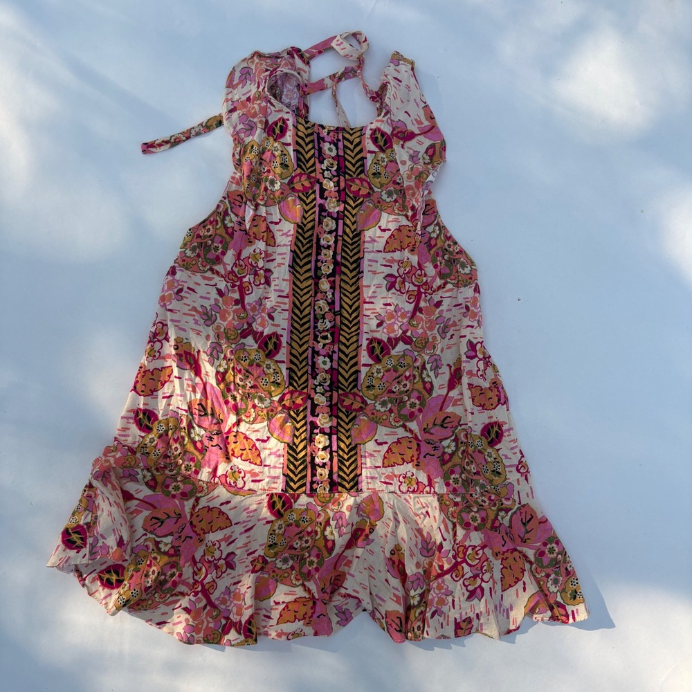 Free People Pink Floral Linen Halter Ruffle Mini Dress OB948223 Size Medium